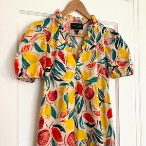 Donna Morgan Cotton Poplin Citrus Print Ruffle Midi Dress | Size 4
